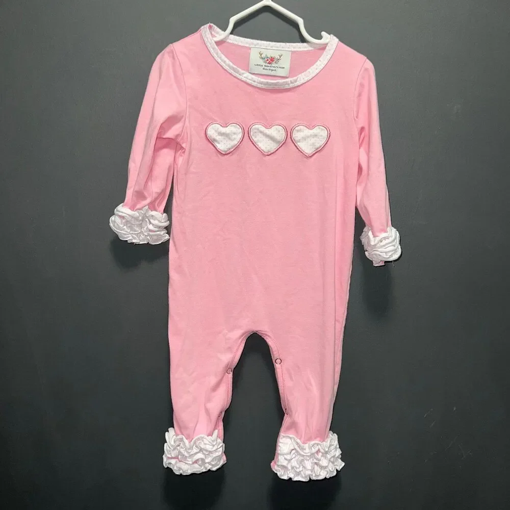Little Southern Kids Boutique Girls Heart Embroidered Ruffle Romper 18-24m Pink
